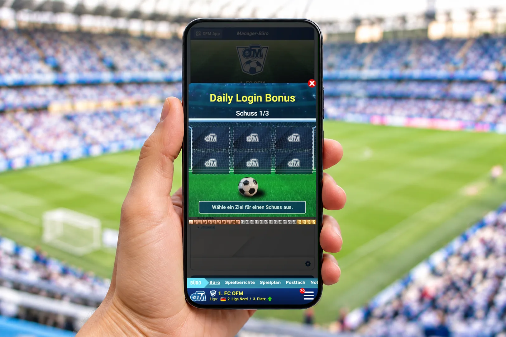 Smartphone mit dem Daily Login Bonus im OFM: Torwand mit sechs Feldern und Ball